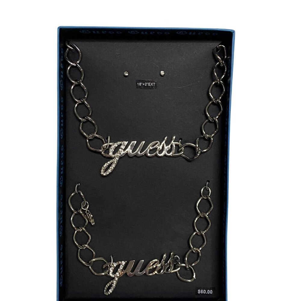 Guess Silver-Tone Chain Necklace & Bracelet Set With Rhinestone Script Logo NIB - Picture 8 of 14